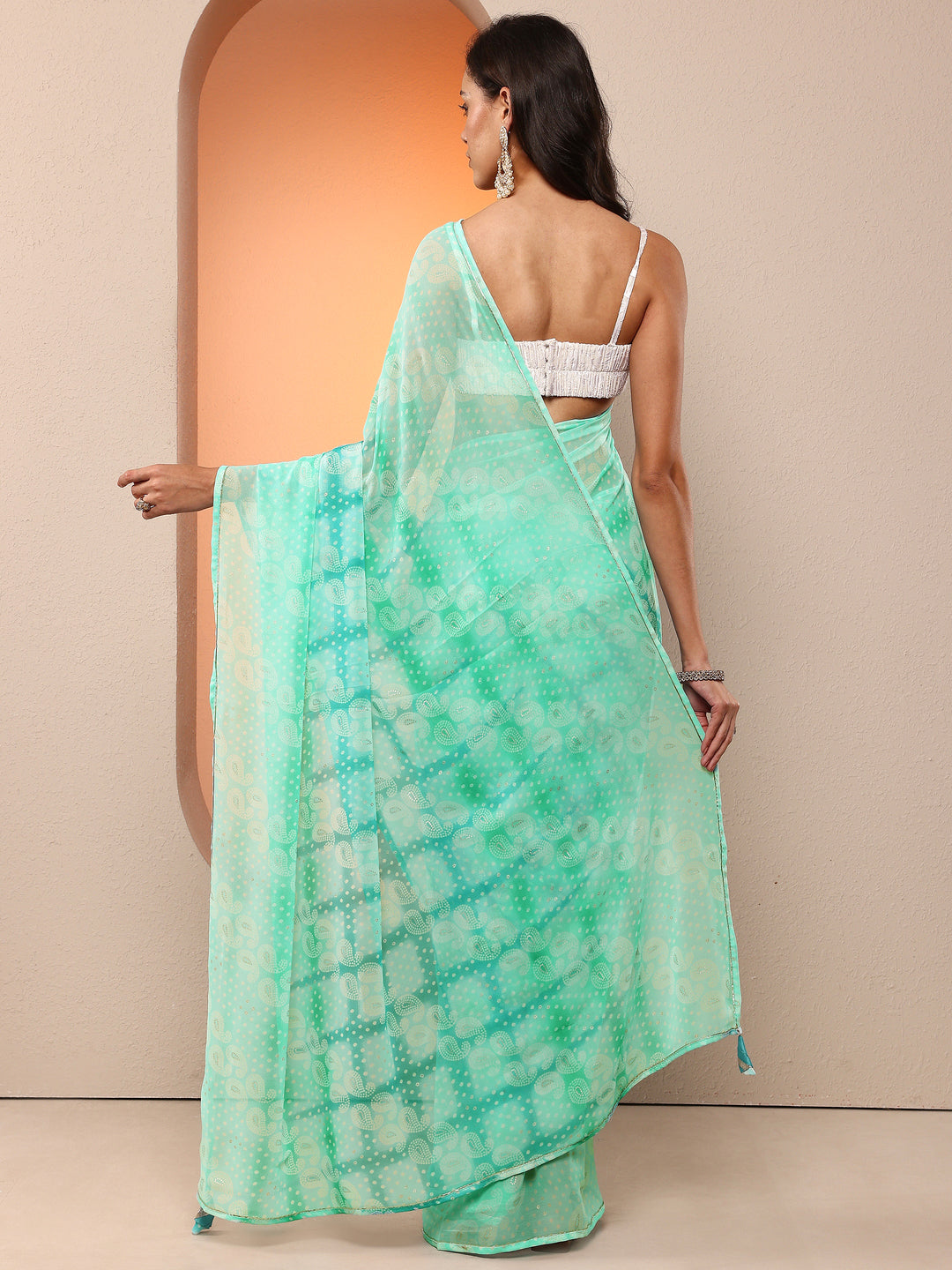  Blue Bandhani Printed Georgette Saree With Unstitched Blouse Piece 