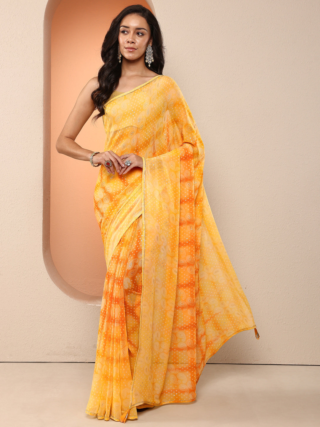  Yellow Bandhani Printed Georgette Saree With Unstitched Blouse Piece 