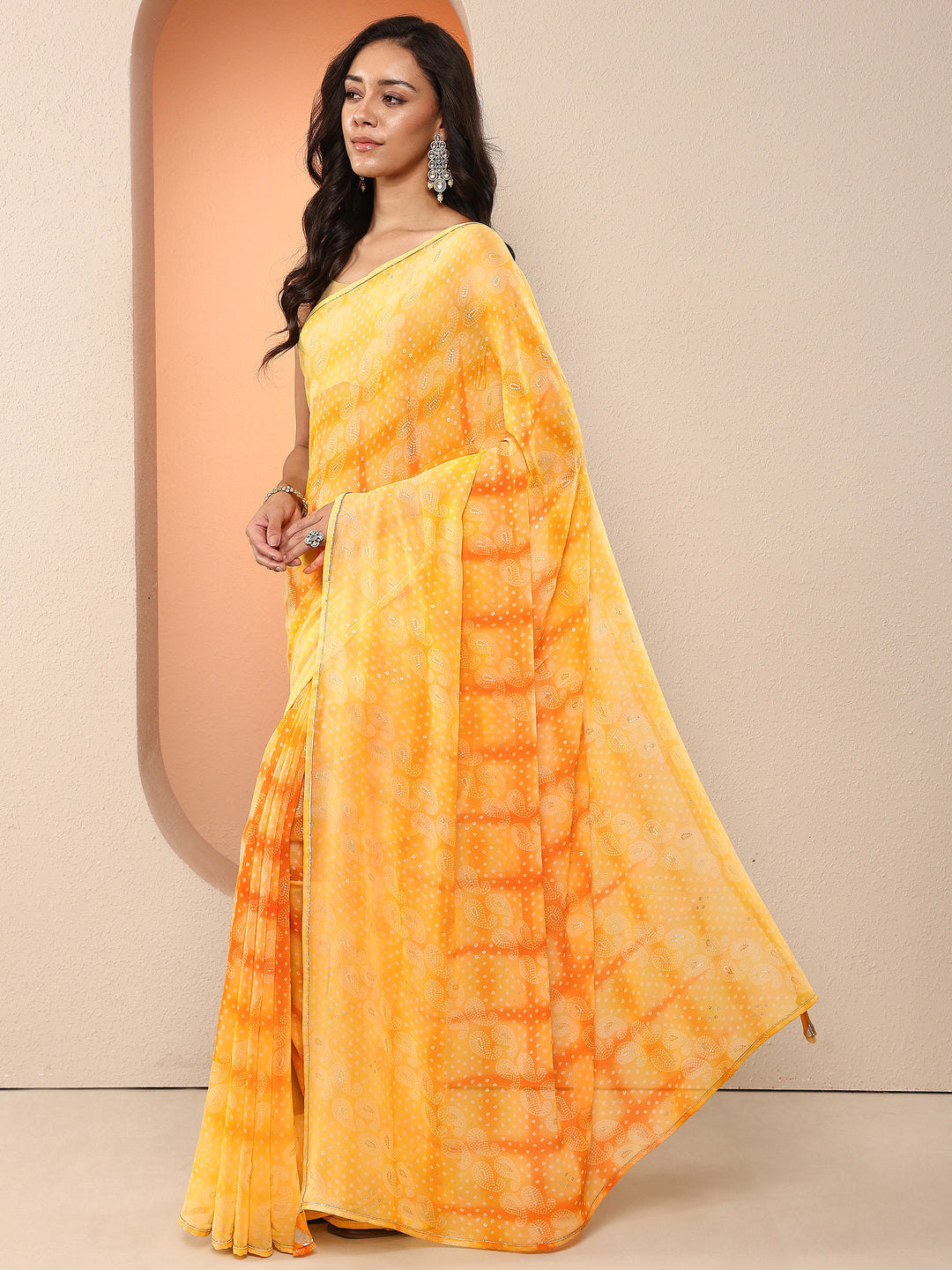  Yellow Bandhani Printed Georgette Saree With Unstitched Blouse Piece 