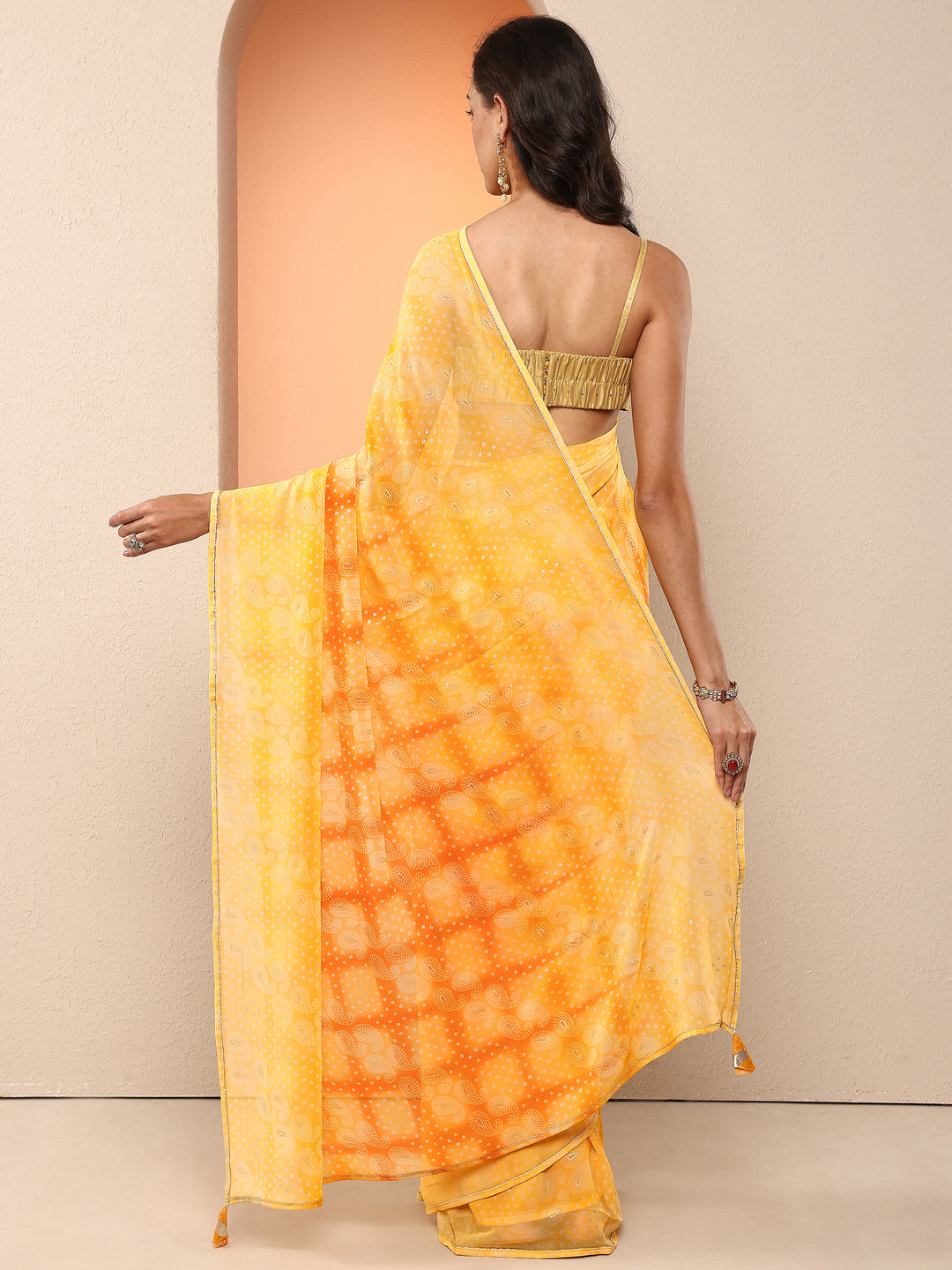  Yellow Bandhani Printed Georgette Saree With Unstitched Blouse Piece 