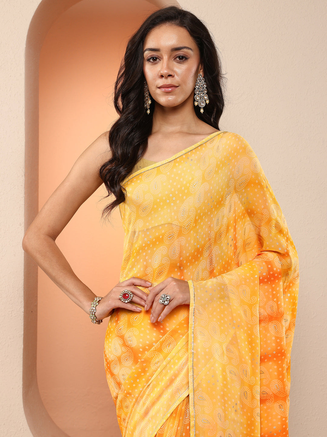  Yellow Bandhani Printed Georgette Saree With Unstitched Blouse Piece 