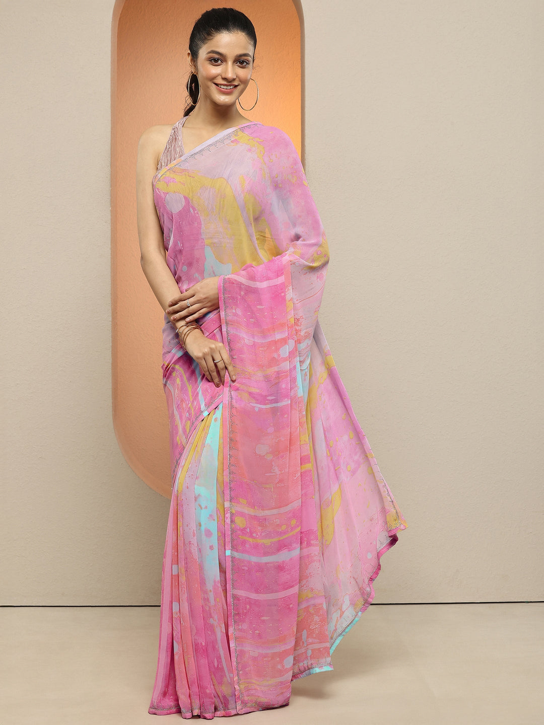  Multi Abstract Printed Georgette Saree With Unstitched Blouse Piece 
