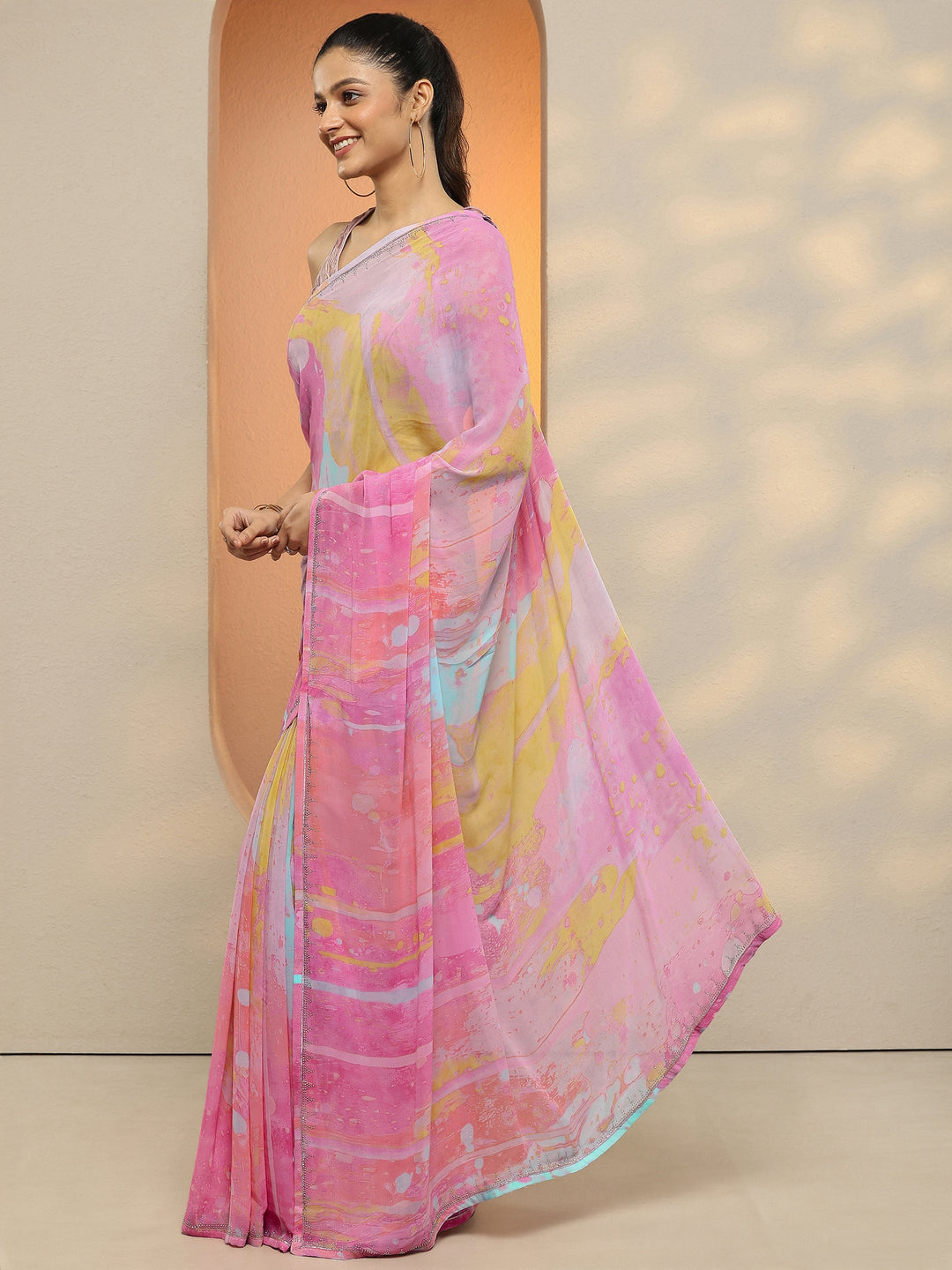  Multi Abstract Printed Georgette Saree With Unstitched Blouse Piece 
