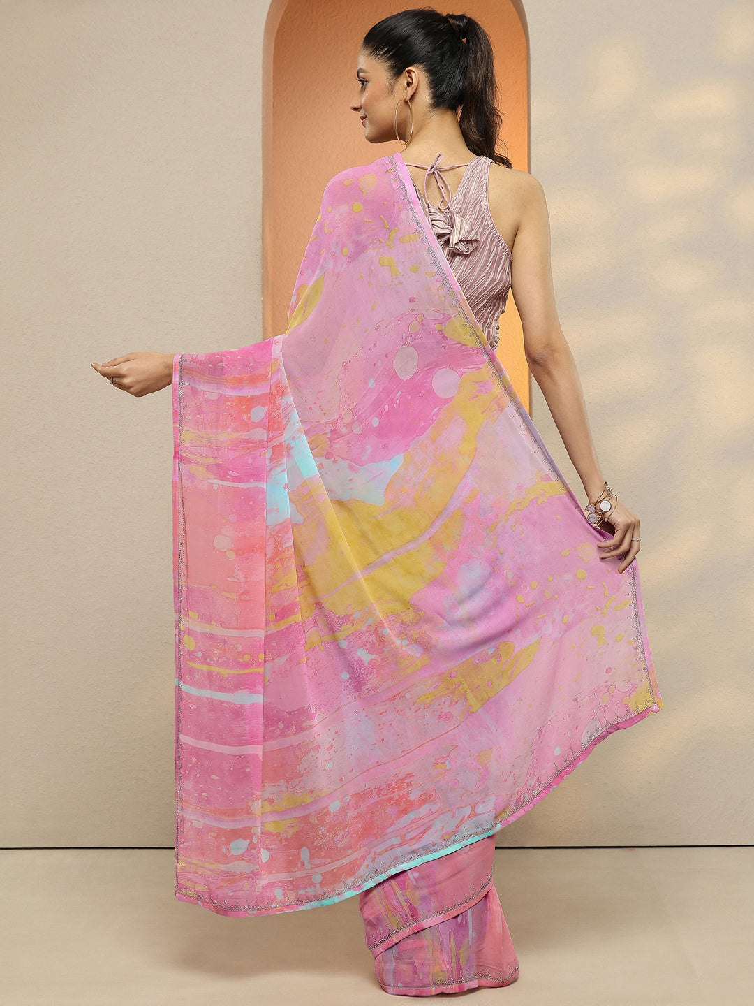  Multi Abstract Printed Georgette Saree With Unstitched Blouse Piece 