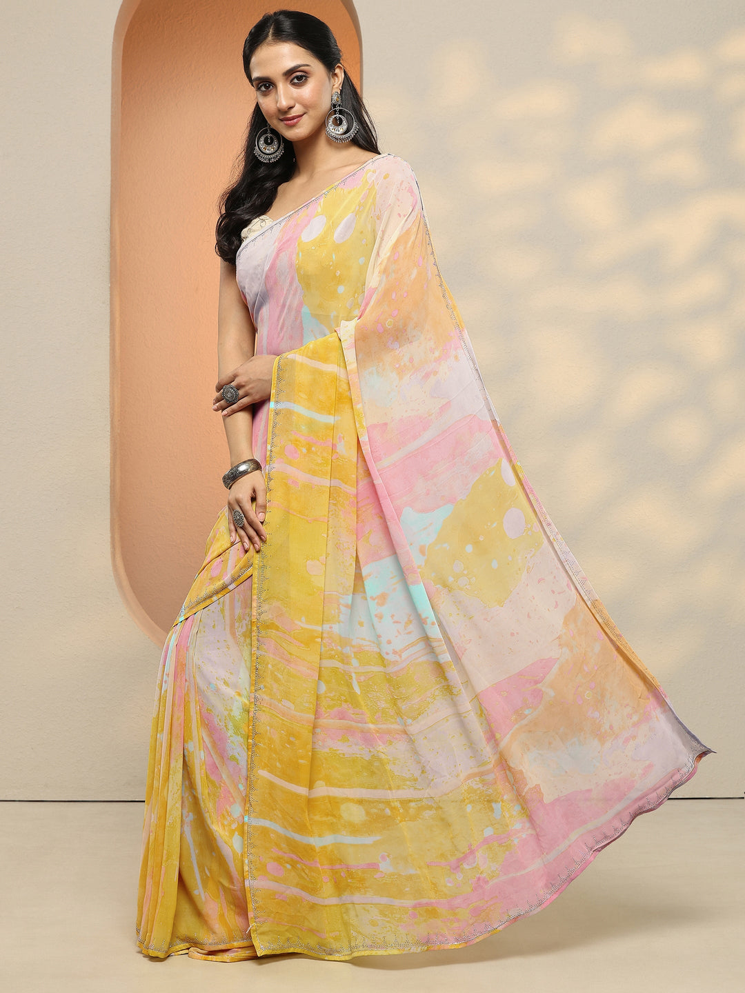  Multi Abstract Printed Georgette Saree With Unstitched Blouse Piece 