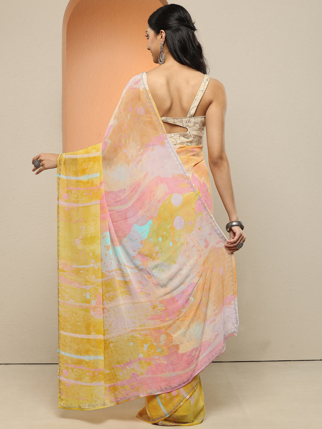  Multi Abstract Printed Georgette Saree With Unstitched Blouse Piece 