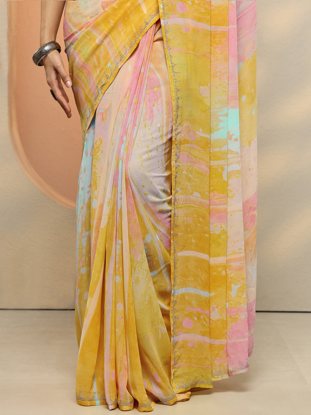 Multi Abstract Printed Georgette Saree With Unstitched Blouse Piece 