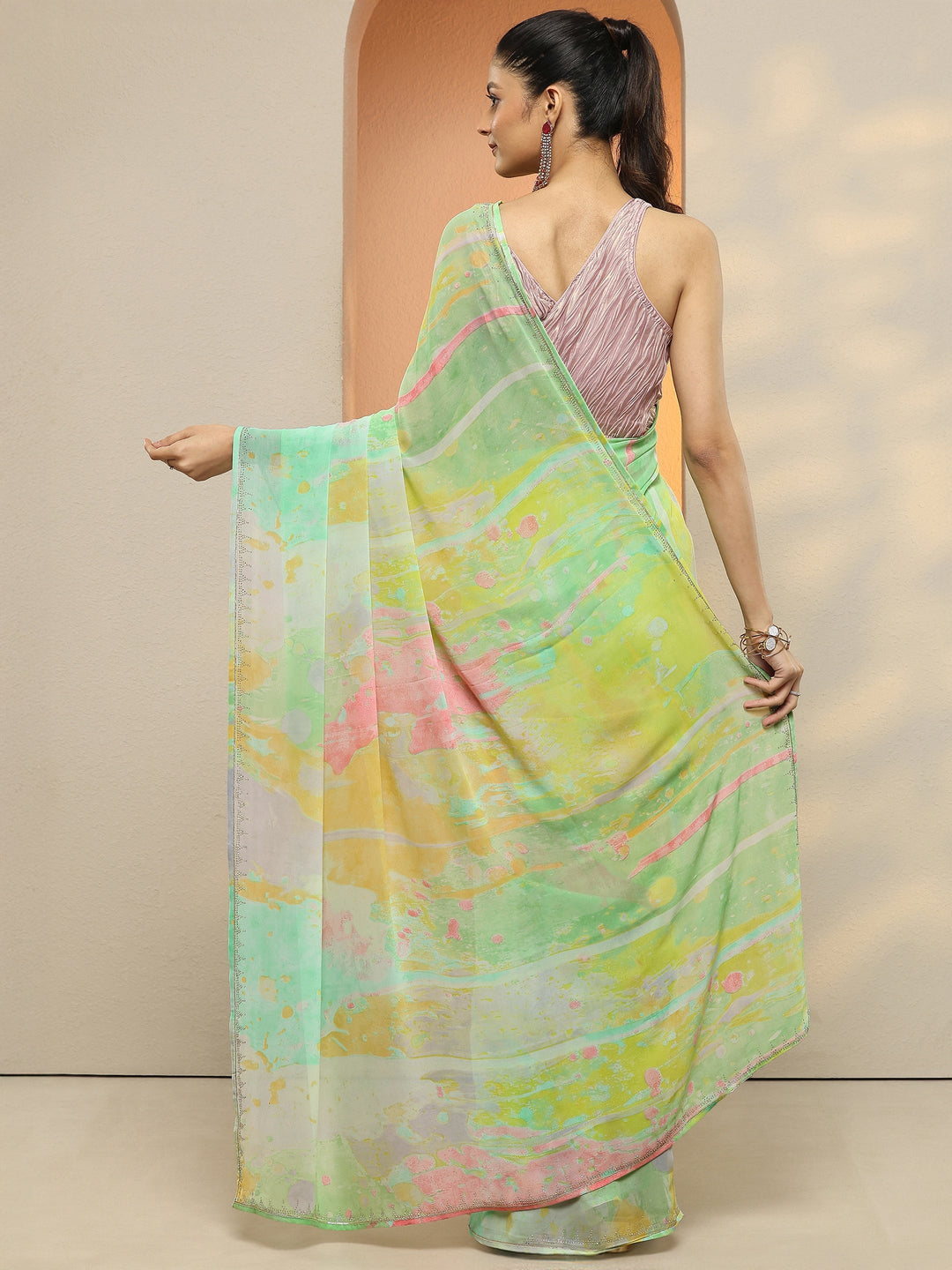  Multi Abstract Printed Georgette Saree With Unstitched Blouse Piece 