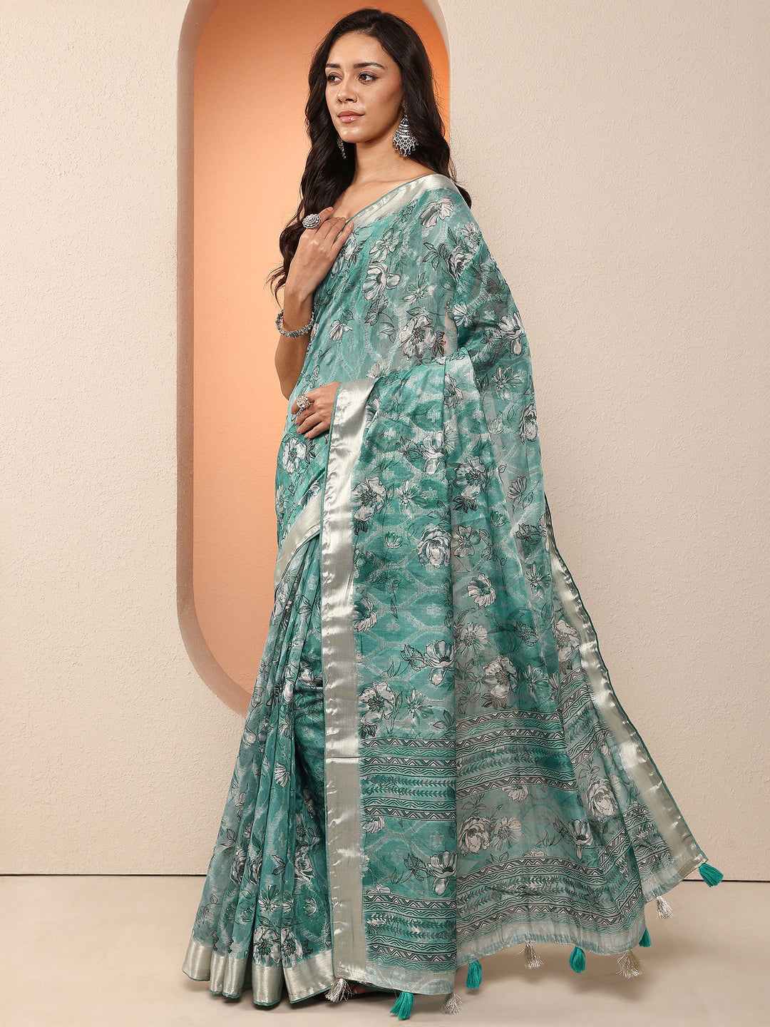  Blue Printed Silk Blend Saree With Unstitched Blouse Piece 