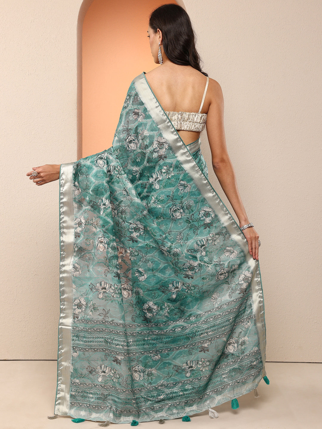  Blue Printed Silk Blend Saree With Unstitched Blouse Piece 