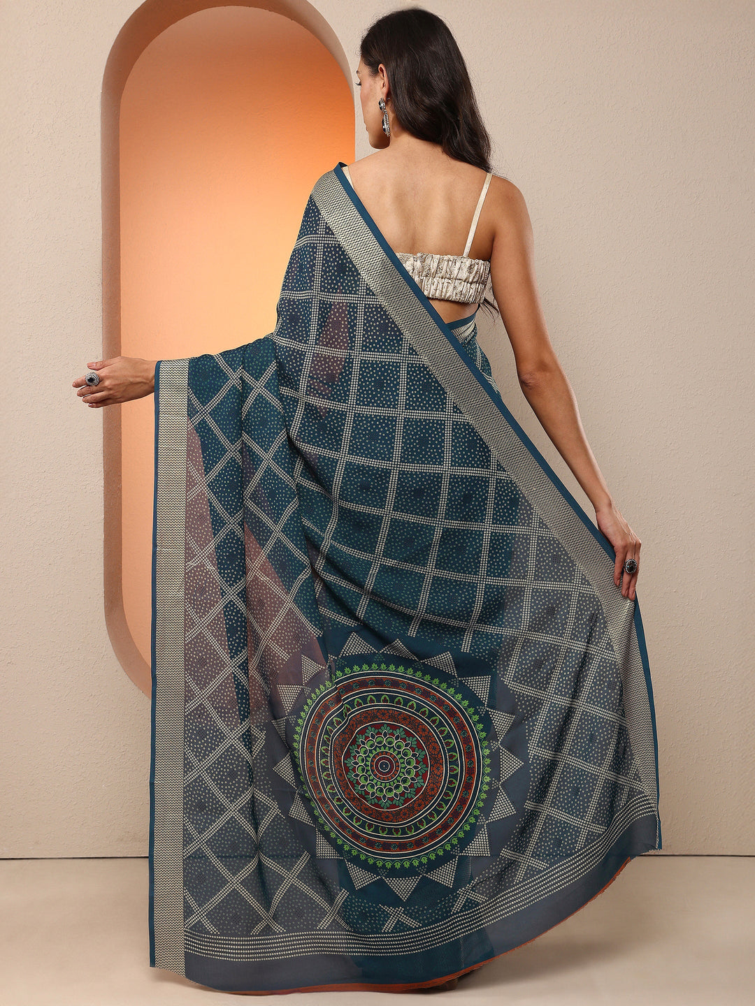 Navy Blue Bandhani Printed Georgette Saree With Unstitched Blouse Piece 