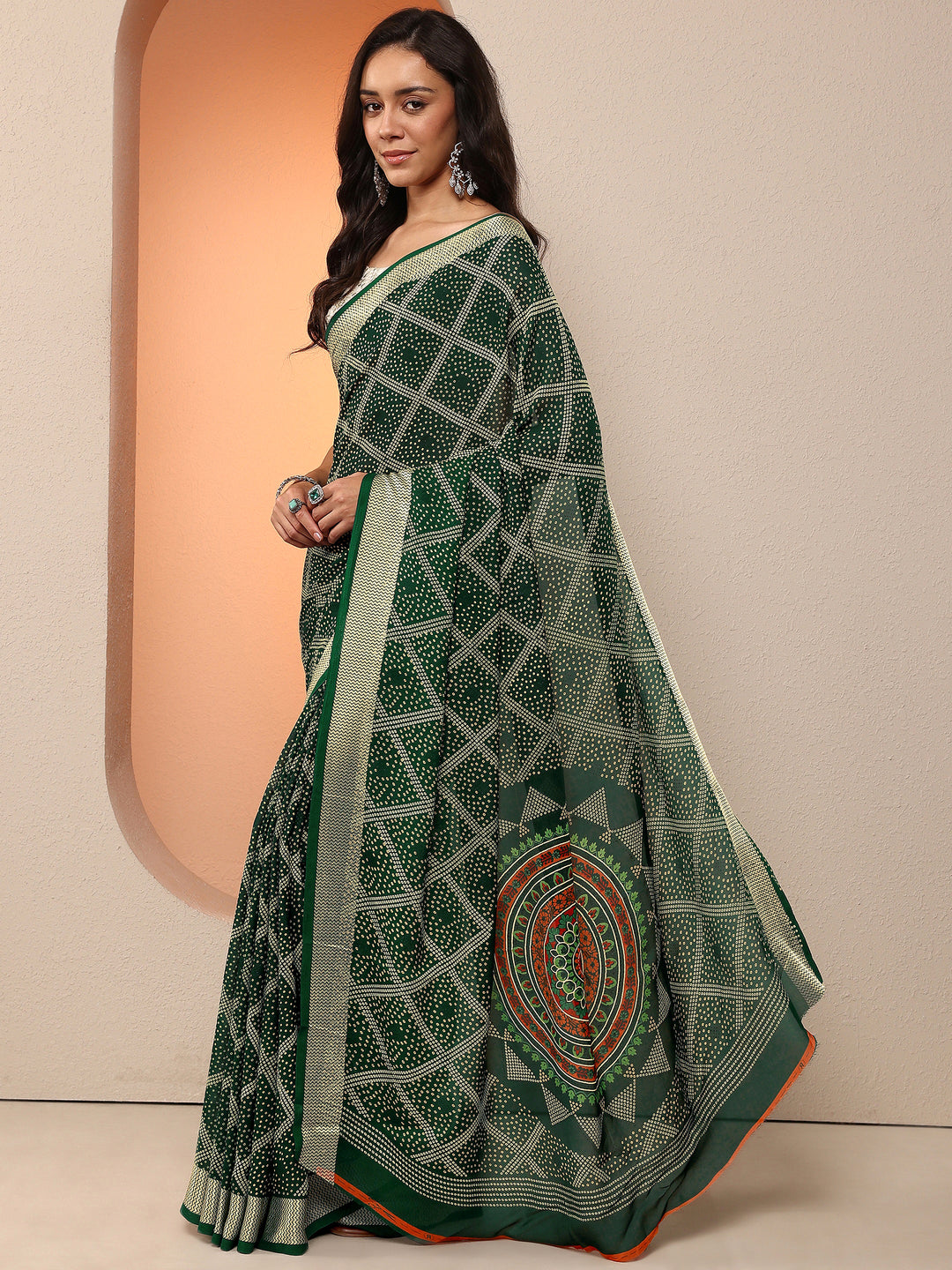  Green Bandhani Printed Georgette Saree With Unstitched Blouse Piece 