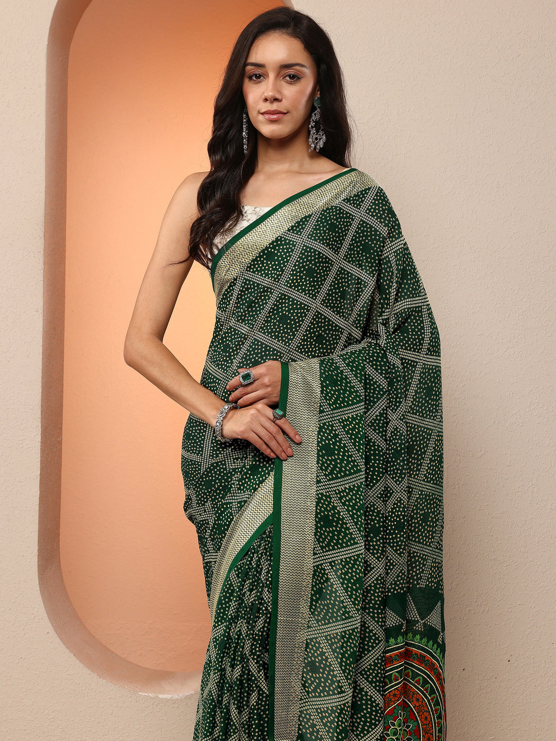 Green Bandhani Printed Georgette Saree With Unstitched Blouse Piece 