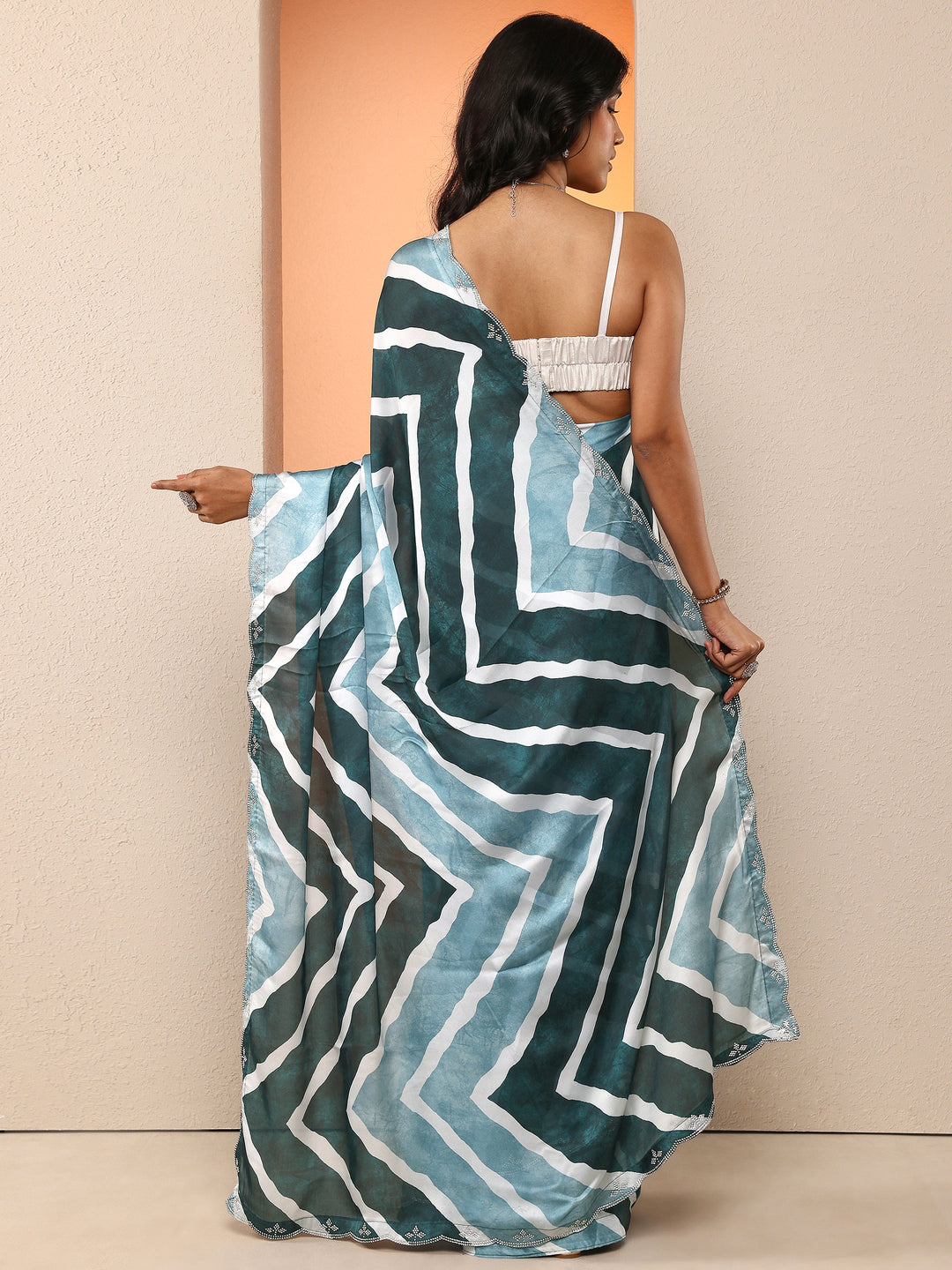  Blue Leheriya Printed Satin Saree With Unstitched Blouse Piece 