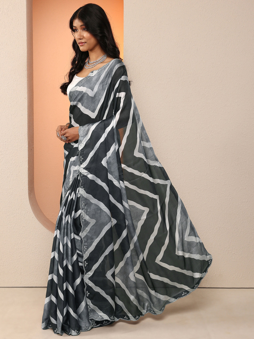 Beige Printed Silk Blend A-Line Kurti