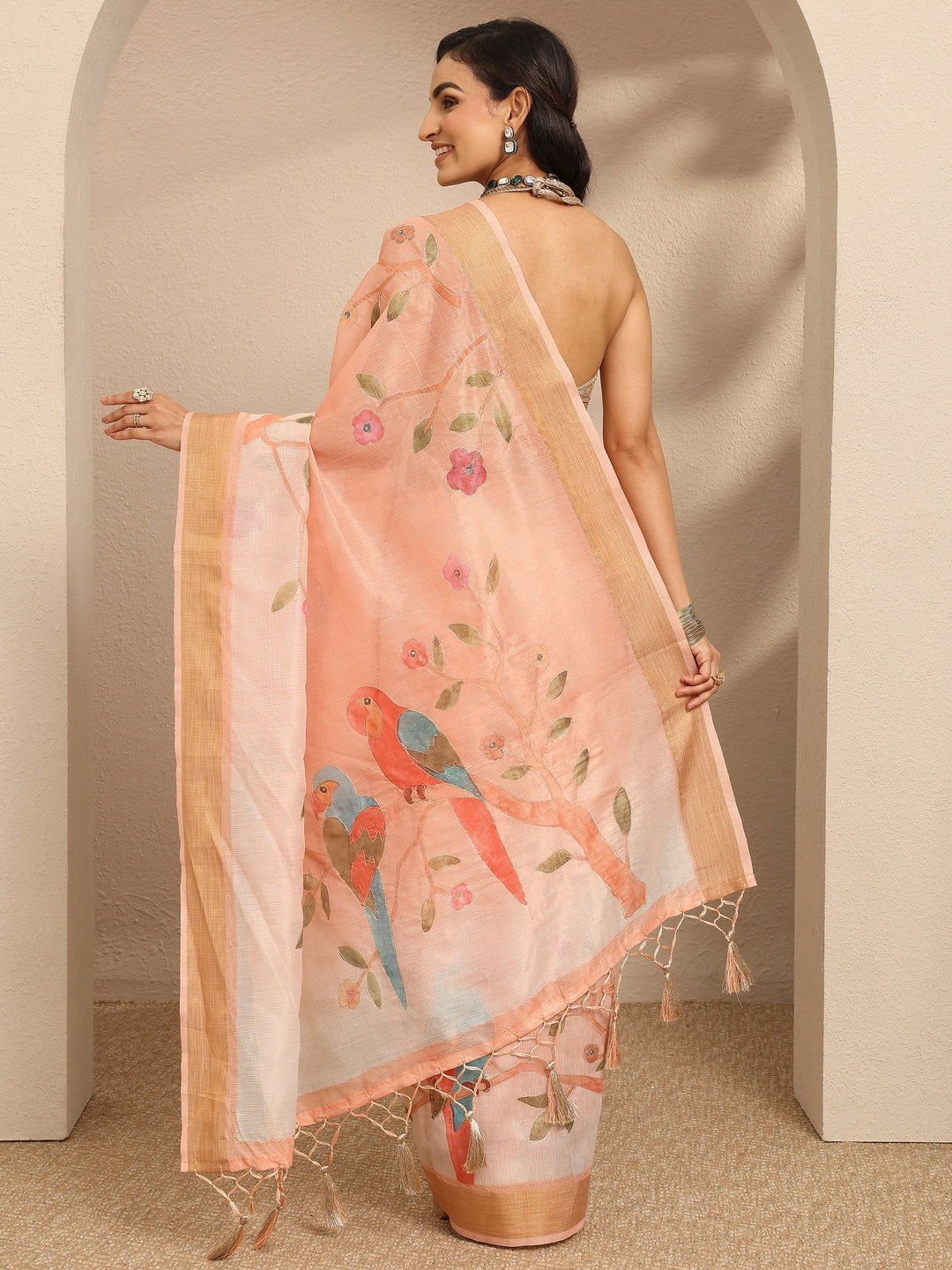  Peach  Embellished Silk Blend Saree With Unstitched Blouse Piece 
