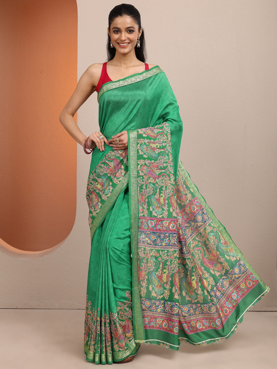  Green Printed Silk Blend Saree With Unstitched Blouse Piece 