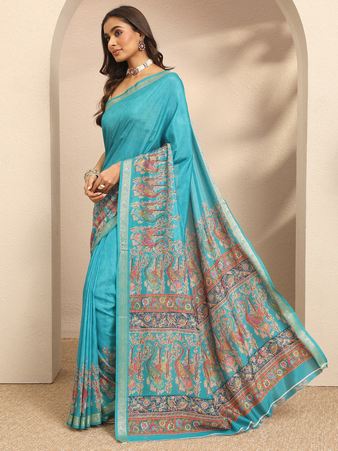  Blue Printed Silk Blend Saree With Unstitched Blouse Piece 