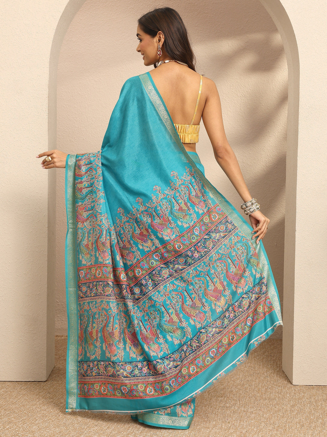  Blue Printed Silk Blend Saree With Unstitched Blouse Piece 