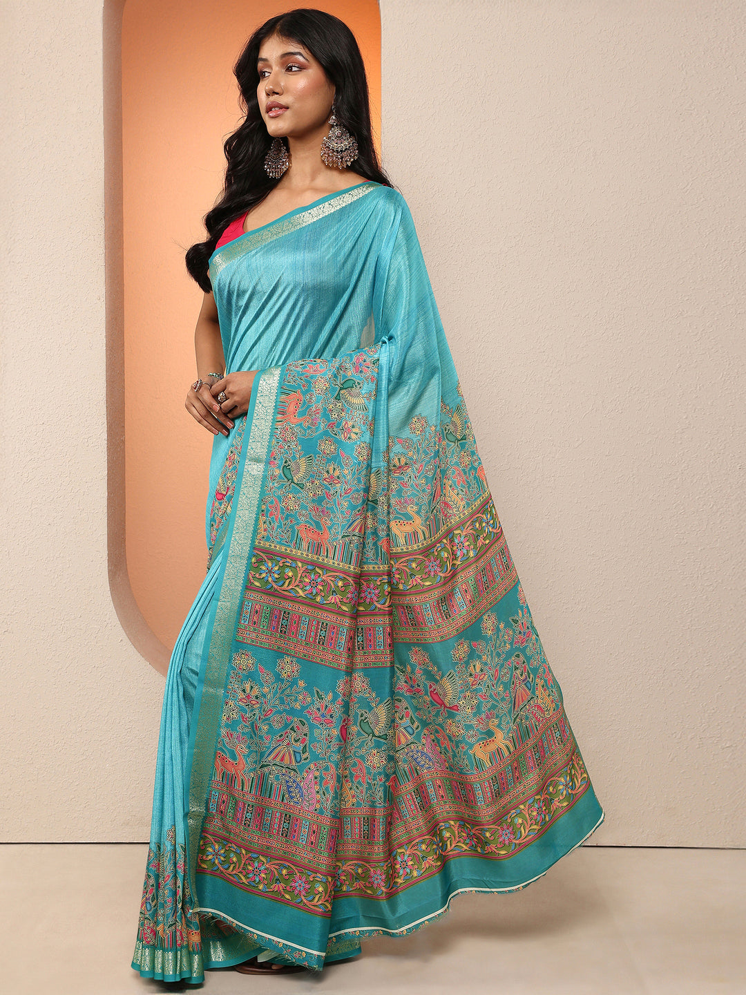  Blue Printed Silk Blend Saree With Unstitched Blouse Piece 