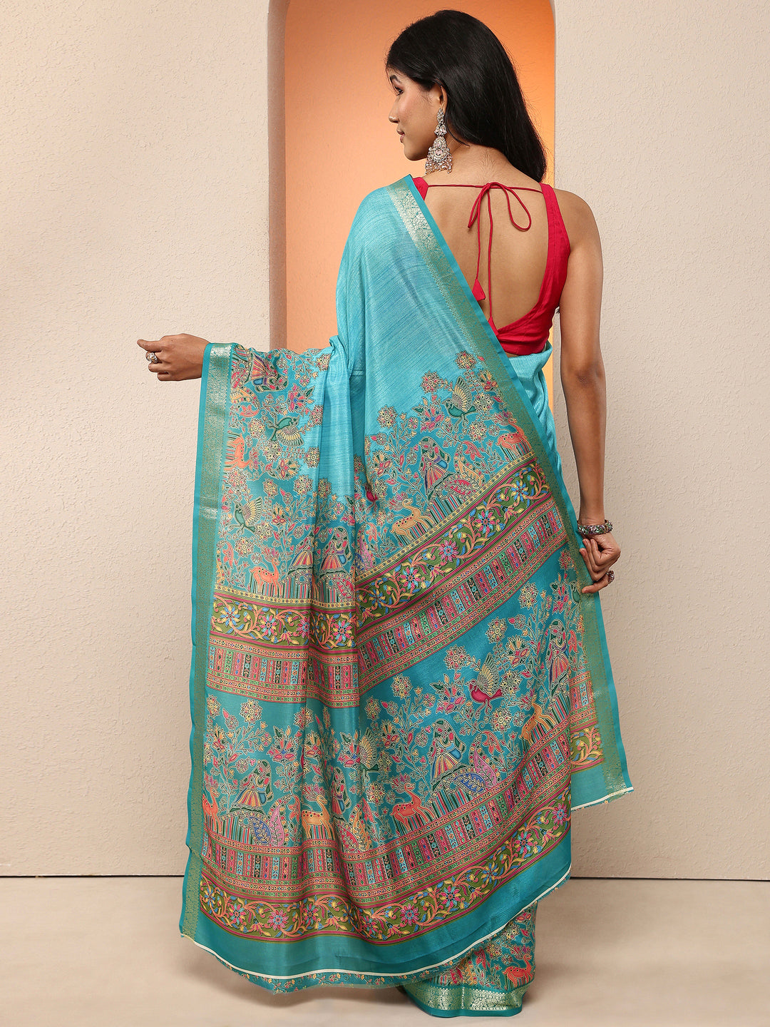  Blue Printed Silk Blend Saree With Unstitched Blouse Piece 