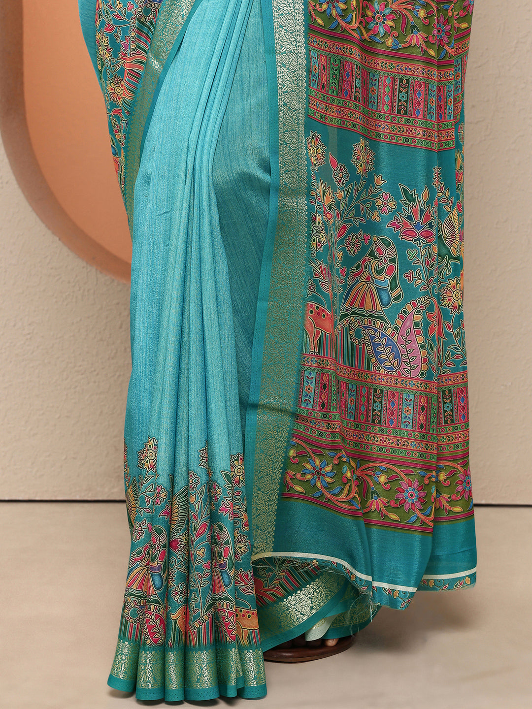  Blue Printed Silk Blend Saree With Unstitched Blouse Piece 