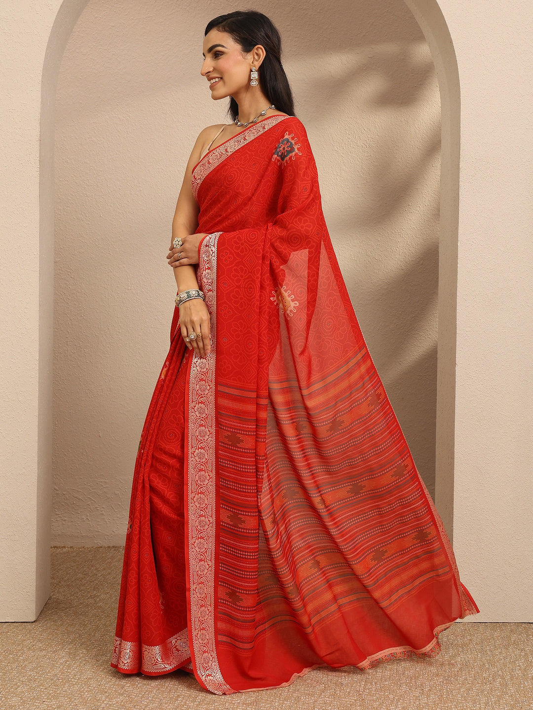  Red Bandhani Printed Georgette Saree With Unstitched Blouse Piece 