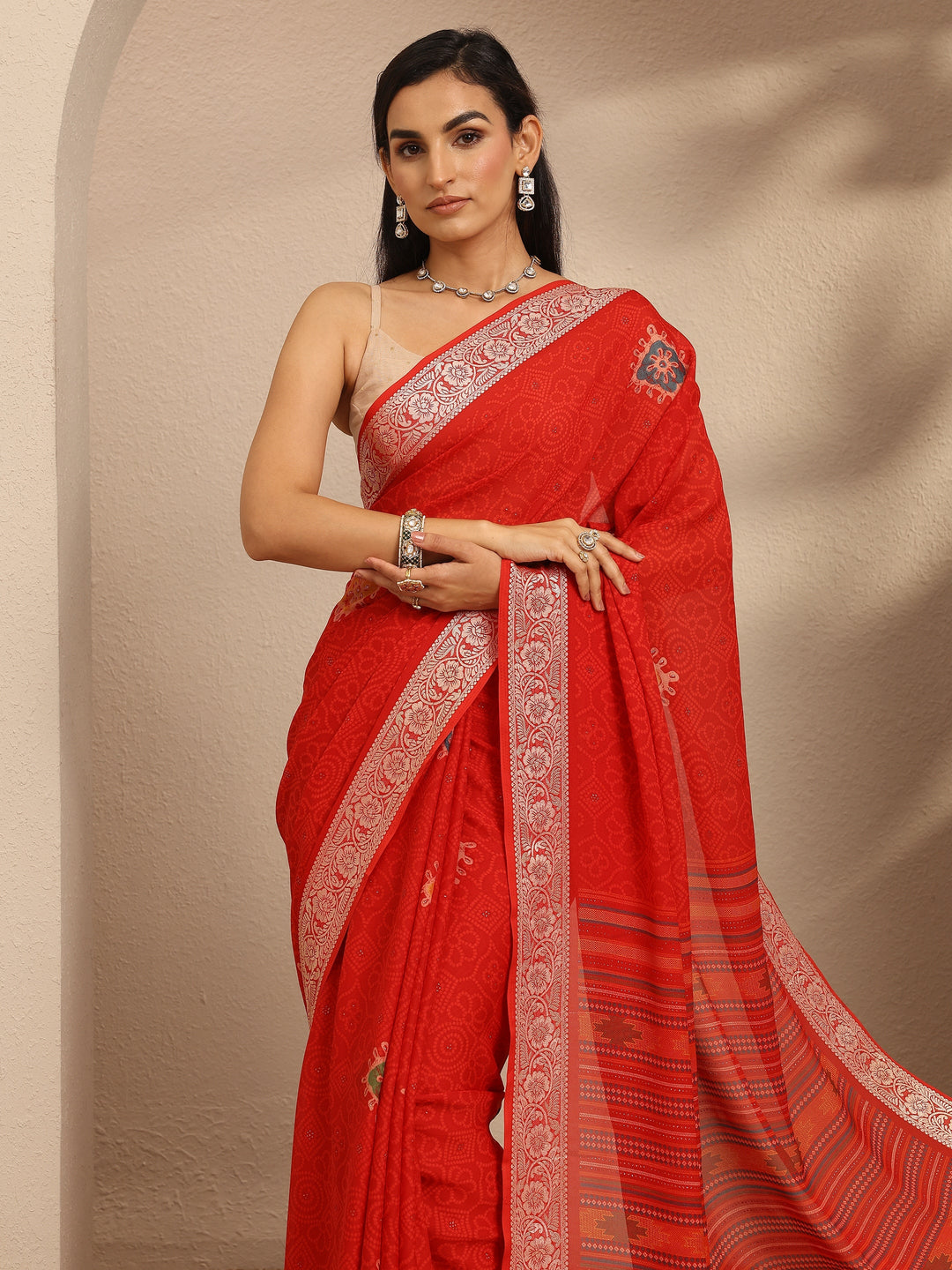  Red Bandhani Printed Georgette Saree With Unstitched Blouse Piece 