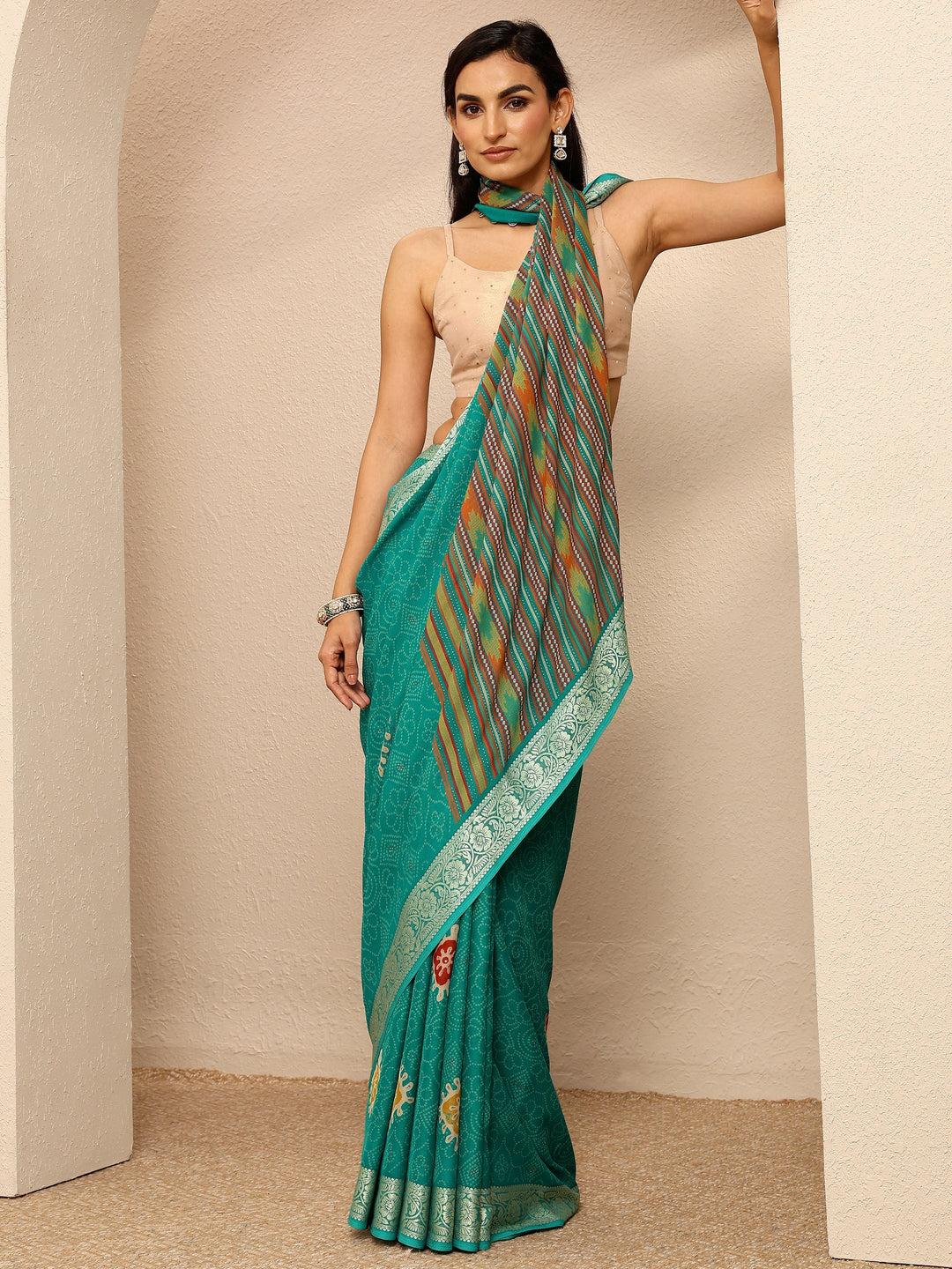  Green Bandhani Printed Georgette Saree With Unstitched Blouse Piece 