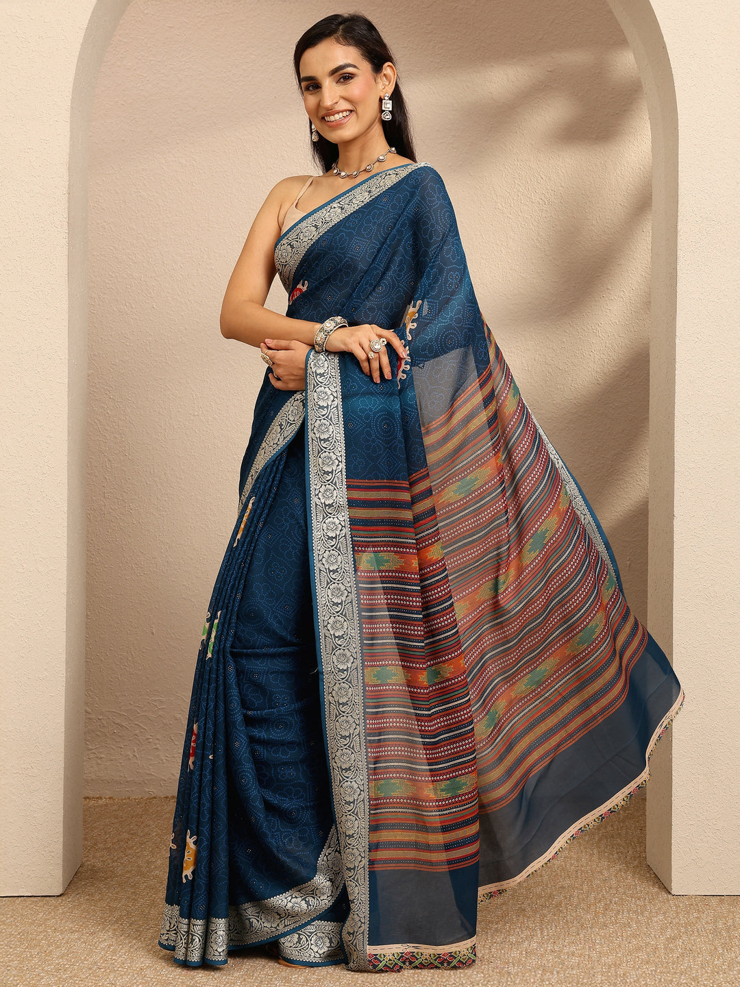  Navy Blue Bandhani Printed Georgette Saree With Unstitched Blouse Piece 