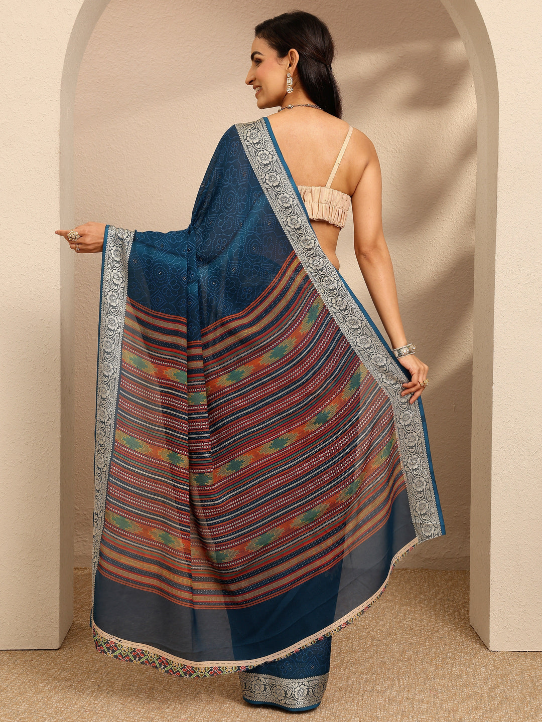  Navy Blue Bandhani Printed Georgette Saree With Unstitched Blouse Piece 