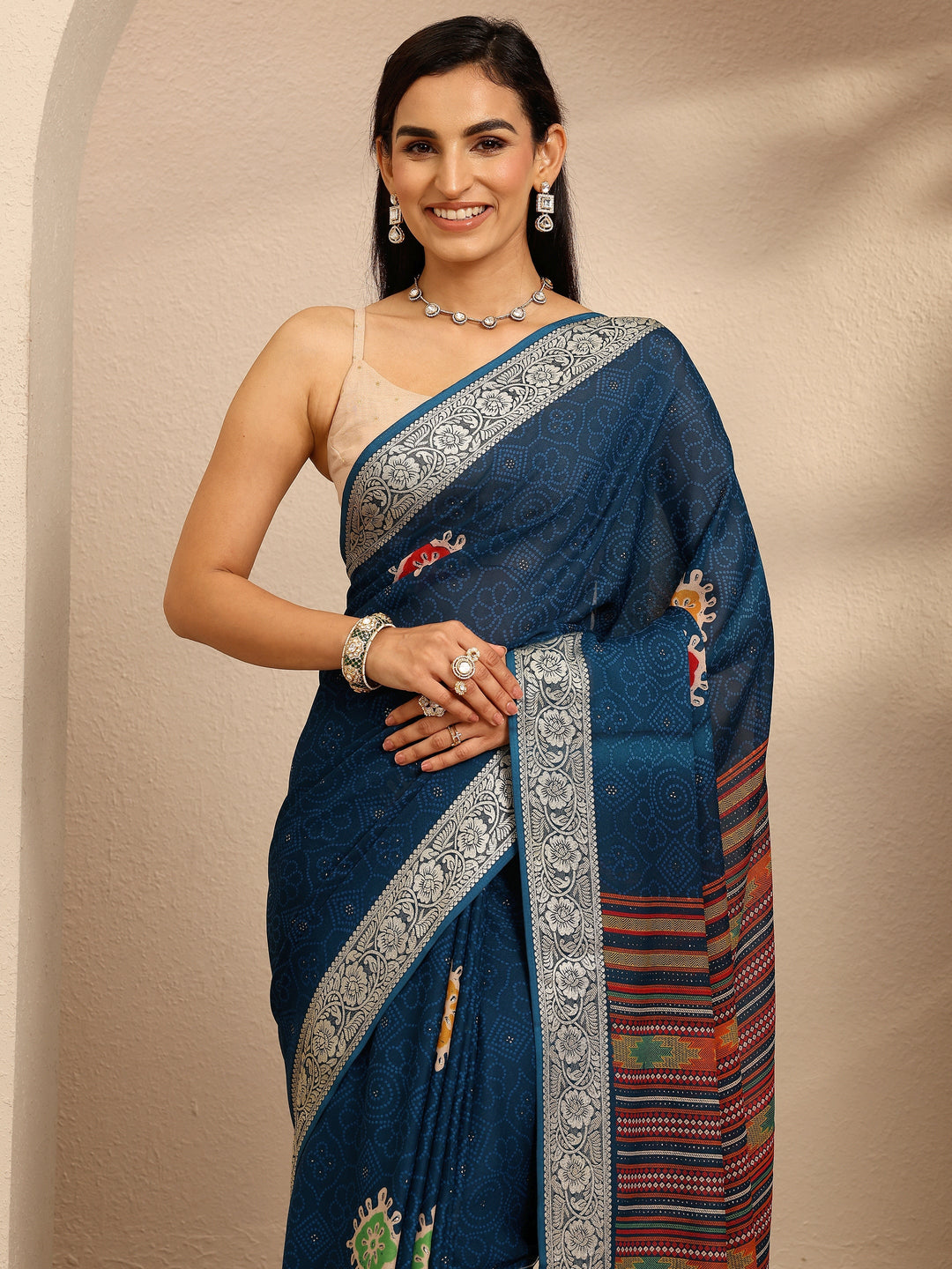  Navy Blue Bandhani Printed Georgette Saree With Unstitched Blouse Piece 