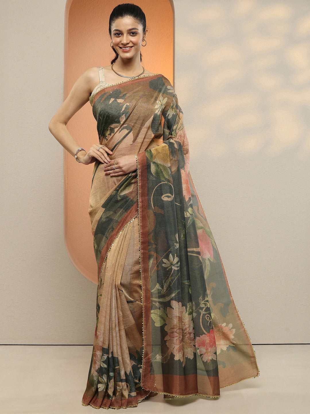  Brown Printed Silk Blend Saree With Unstitched Blouse Piece 