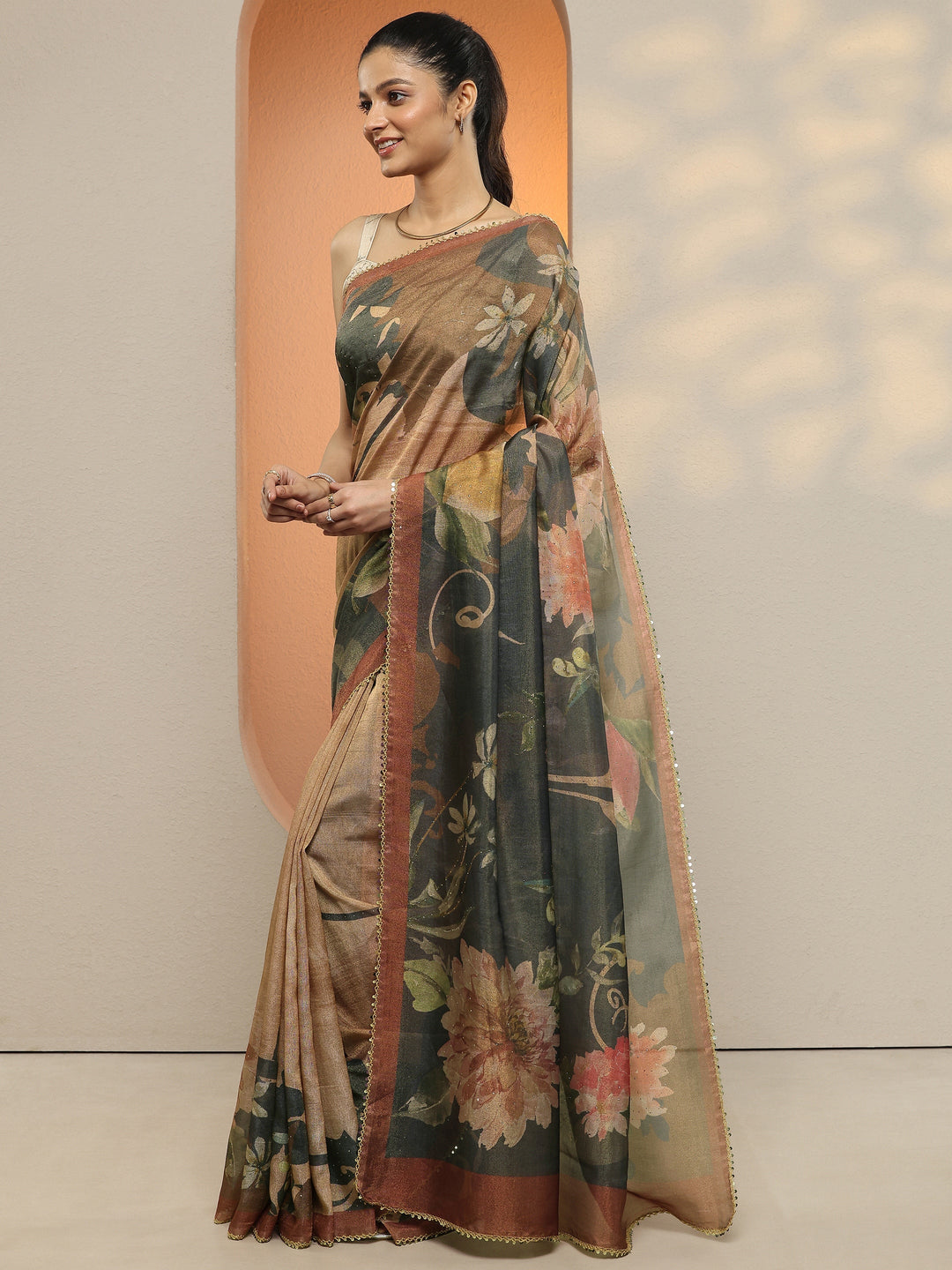 Brown Printed Silk Blend Saree With Unstitched Blouse Piece 