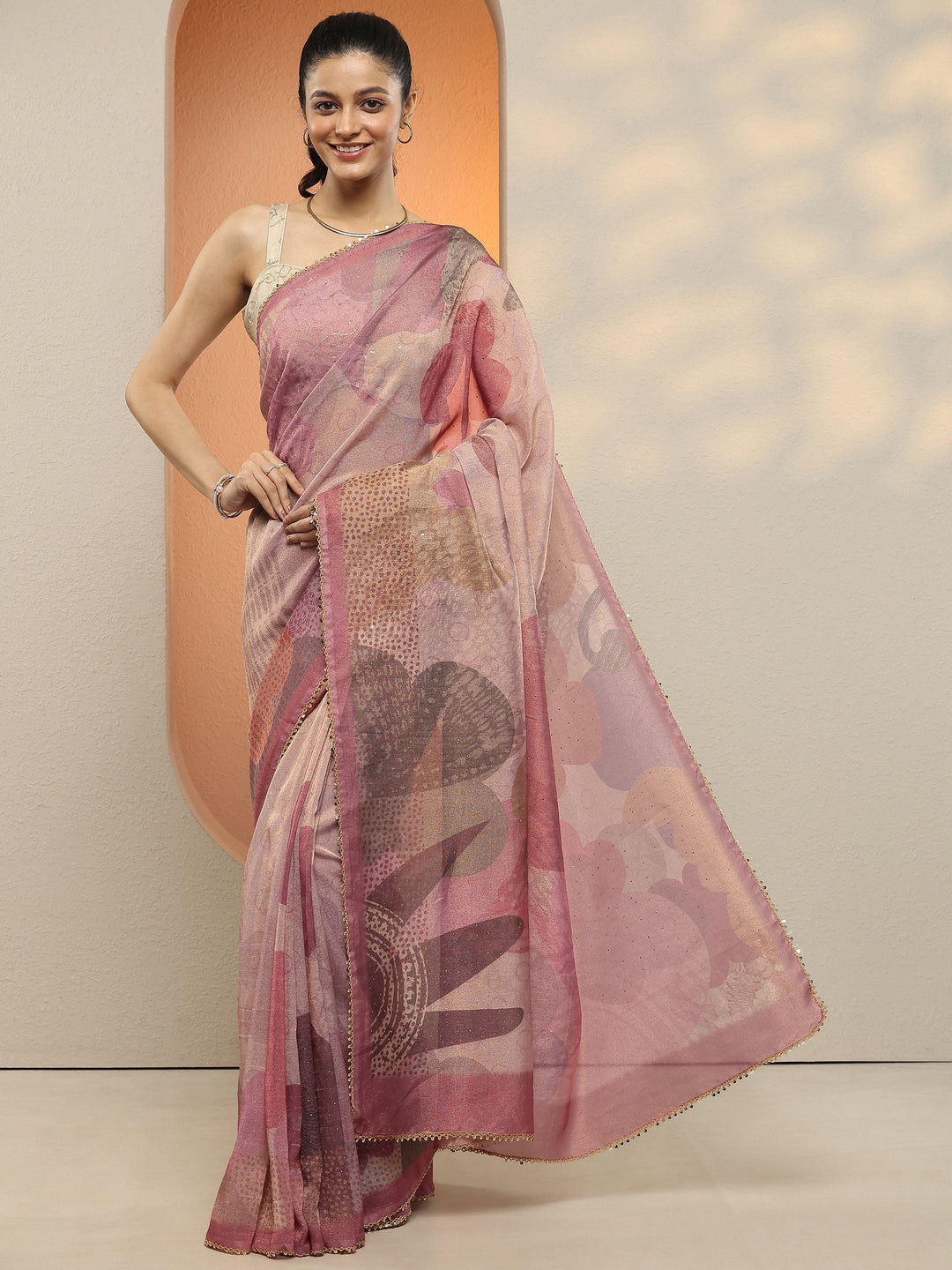  Lavender Printed Silk Blend Saree With Unstitched Blouse Piece 