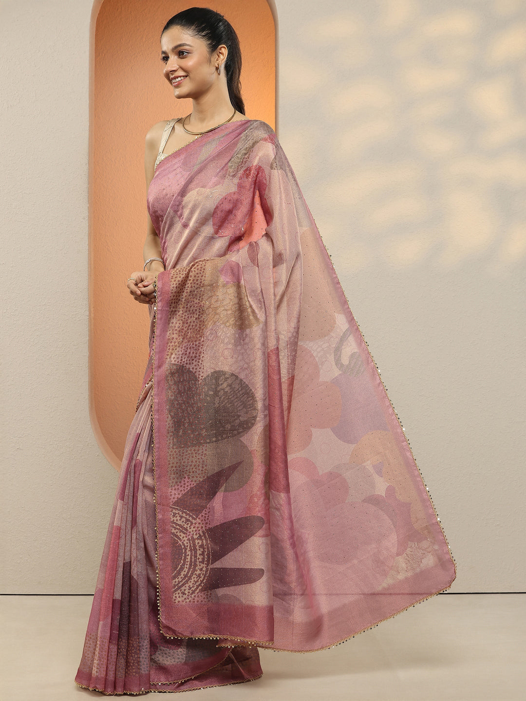  Lavender Printed Silk Blend Saree With Unstitched Blouse Piece 
