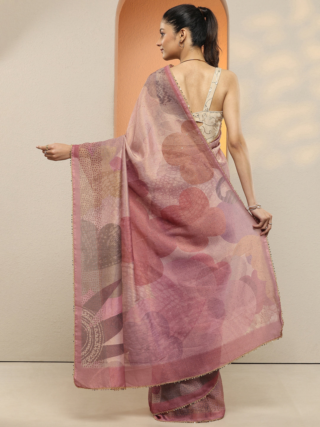  Lavender Printed Silk Blend Saree With Unstitched Blouse Piece 