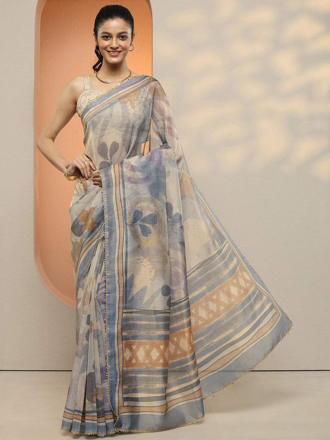  Grey Printed Silk Blend Saree With Unstitched Blouse Piece 