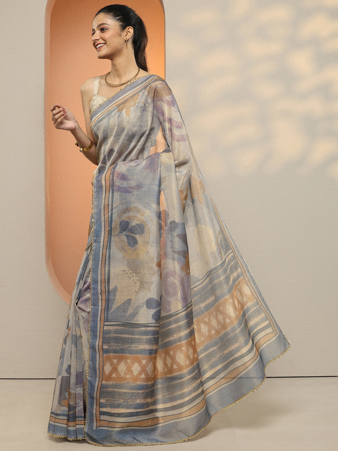 Grey Printed Silk Blend Saree With Unstitched Blouse Piece 