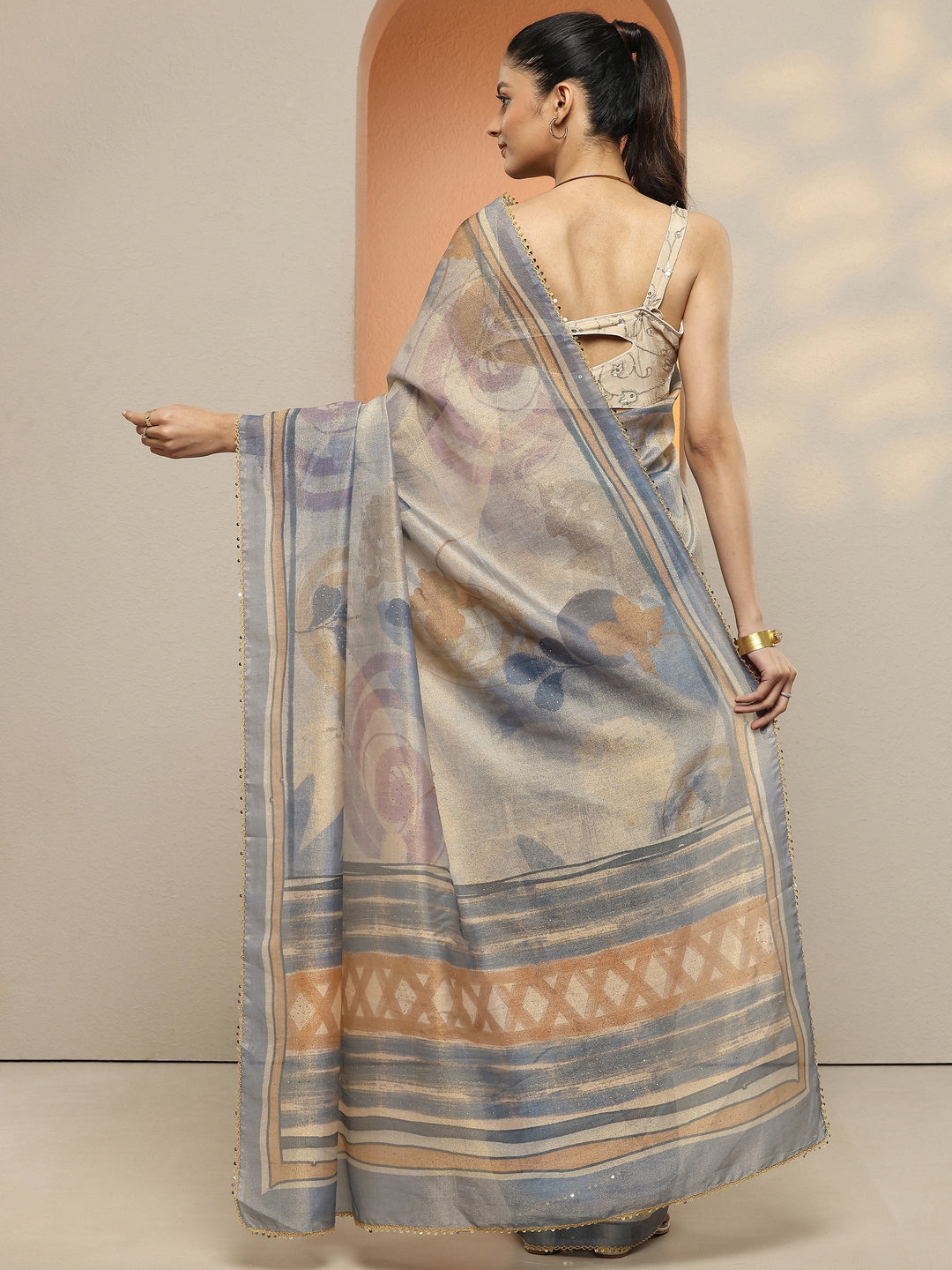  Grey Printed Silk Blend Saree With Unstitched Blouse Piece 