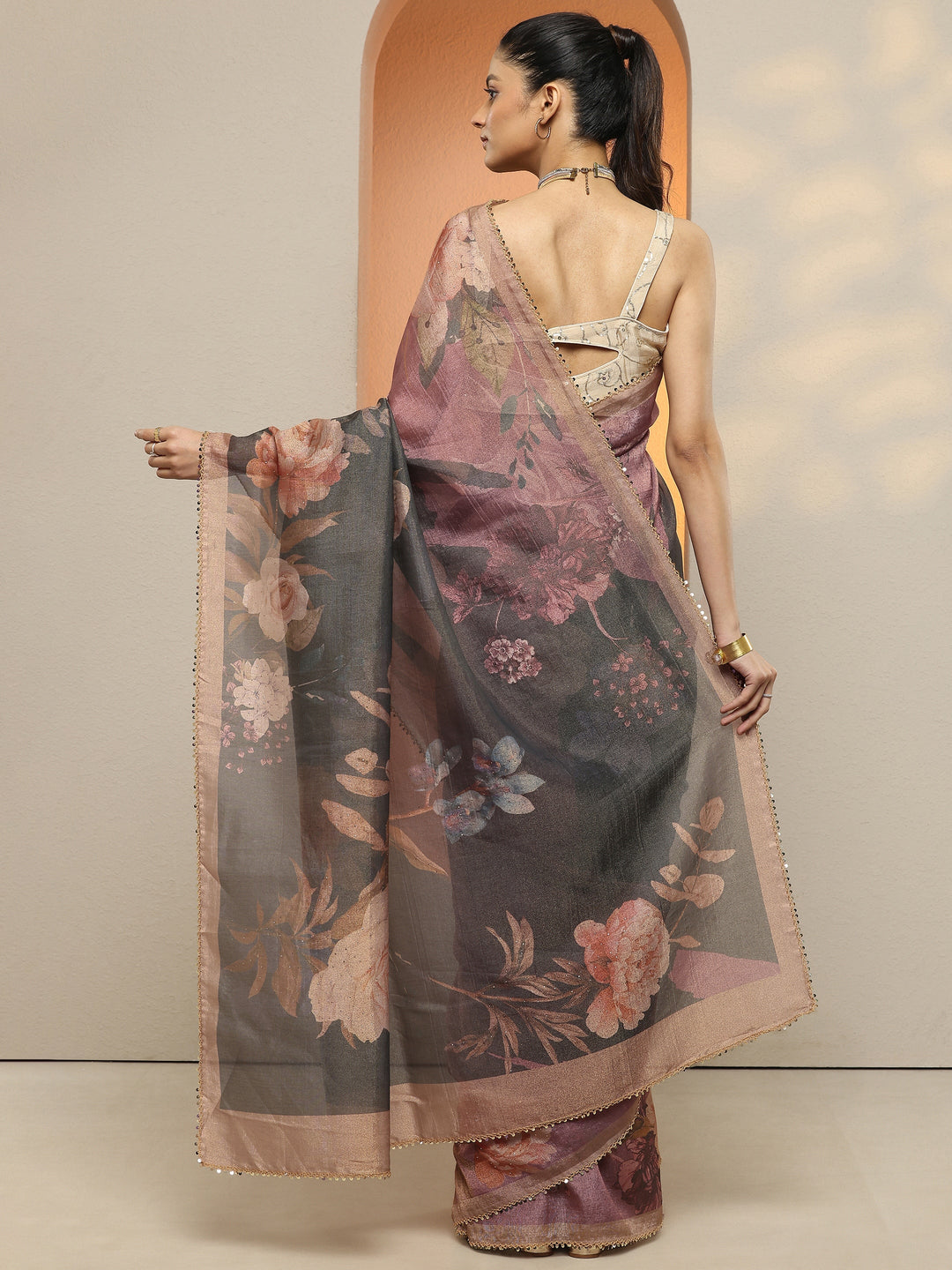  Grey Printed Silk Blend Saree With Unstitched Blouse Piece 