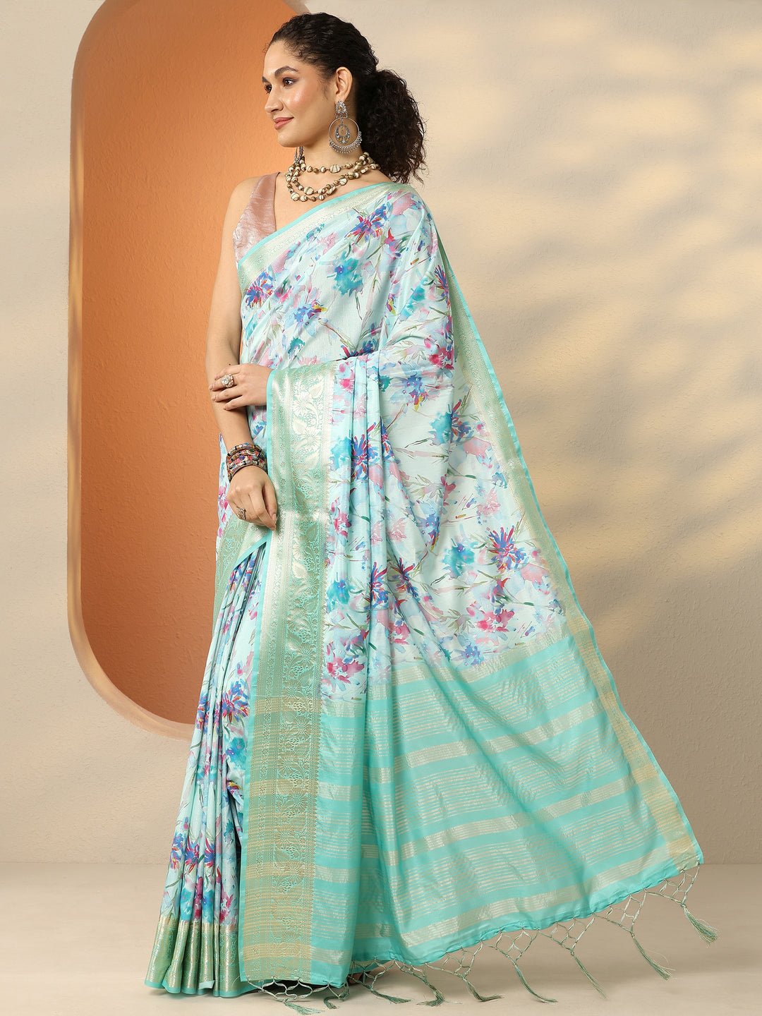  Blue Printed Silk Blend Saree With Unstitched Blouse Piece 