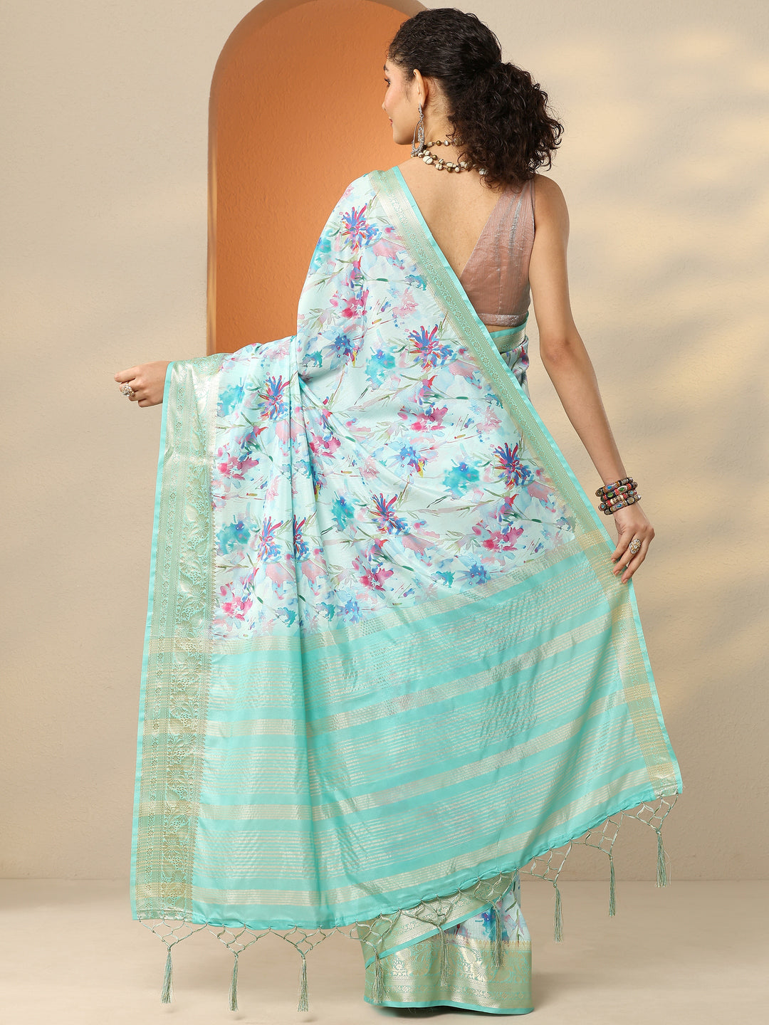  Blue Printed Silk Blend Saree With Unstitched Blouse Piece 