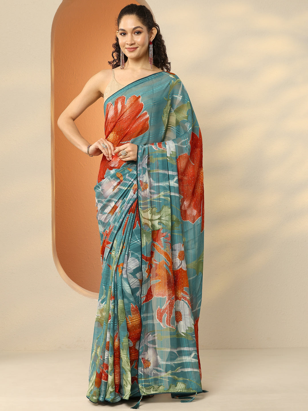  Blue Printed Georgette Saree With Unstitched Blouse Piece 