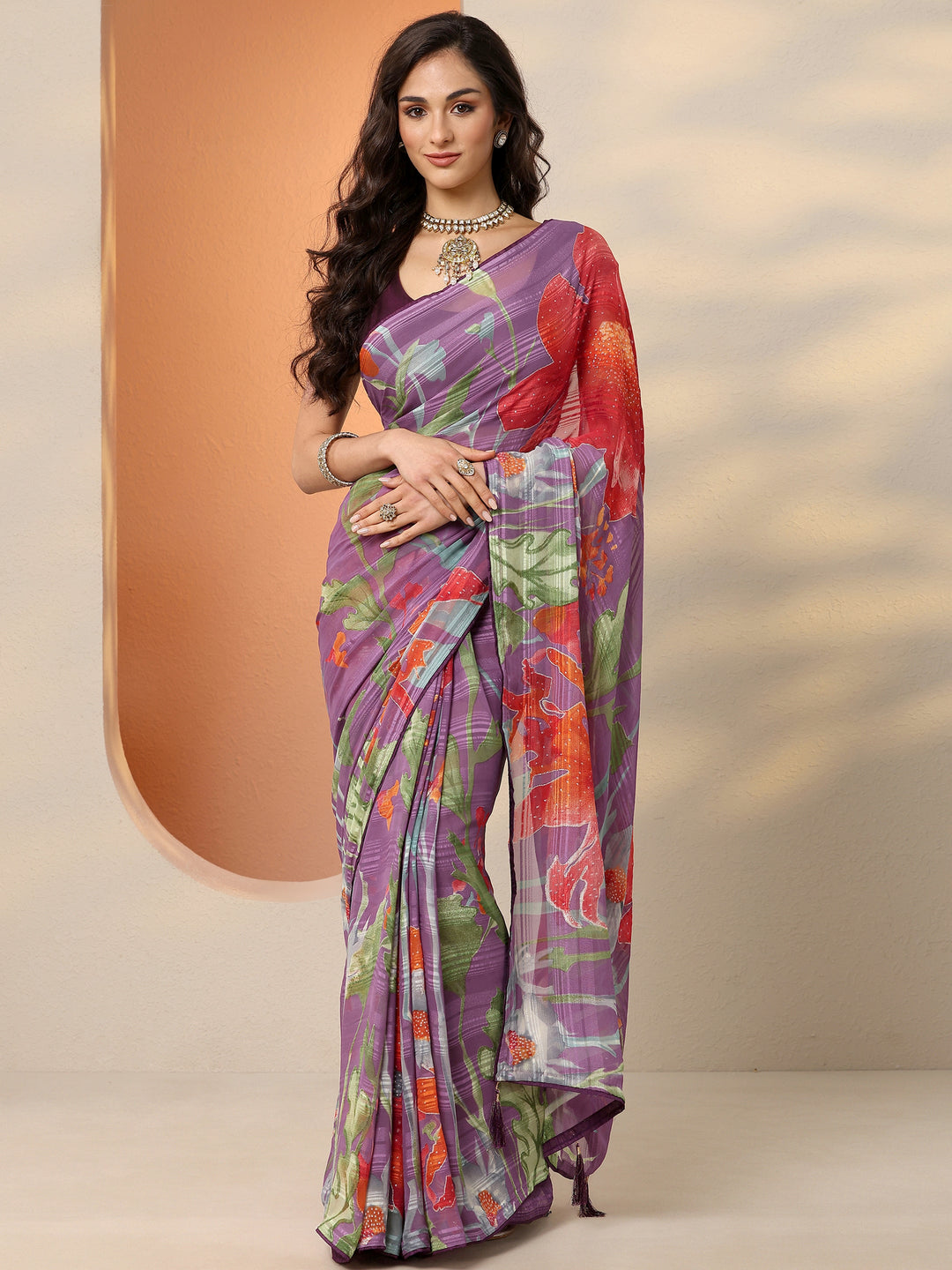  Purple Printed Georgette Saree With Unstitched Blouse Piece 