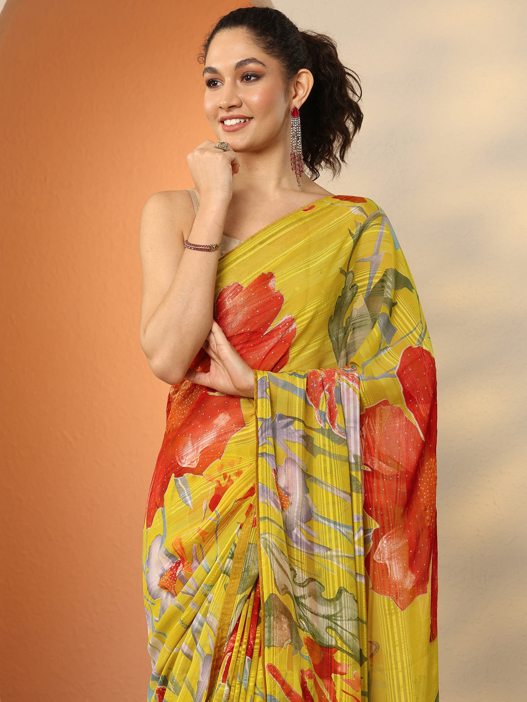  Yellow Printed Georgette Saree With Unstitched Blouse Piece 