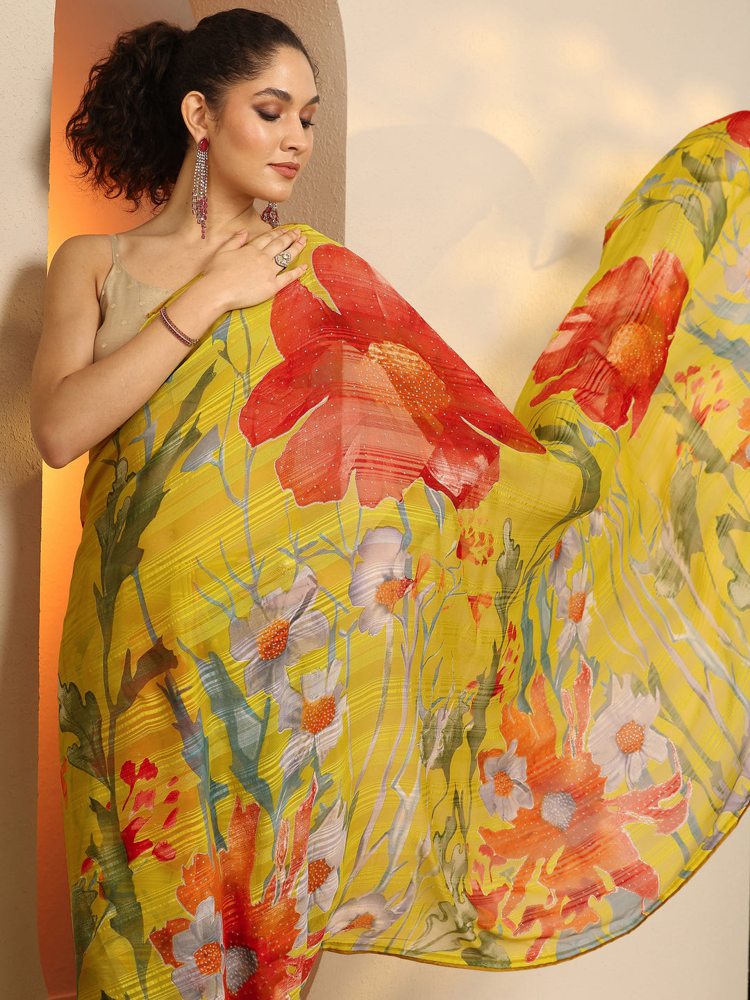  Yellow Printed Georgette Saree With Unstitched Blouse Piece 