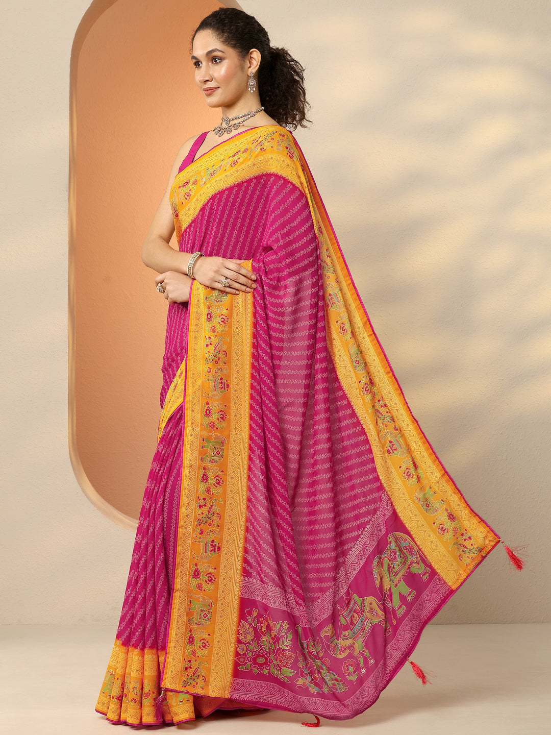  Pink Printed Georgette Saree With Unstitched Blouse Piece 