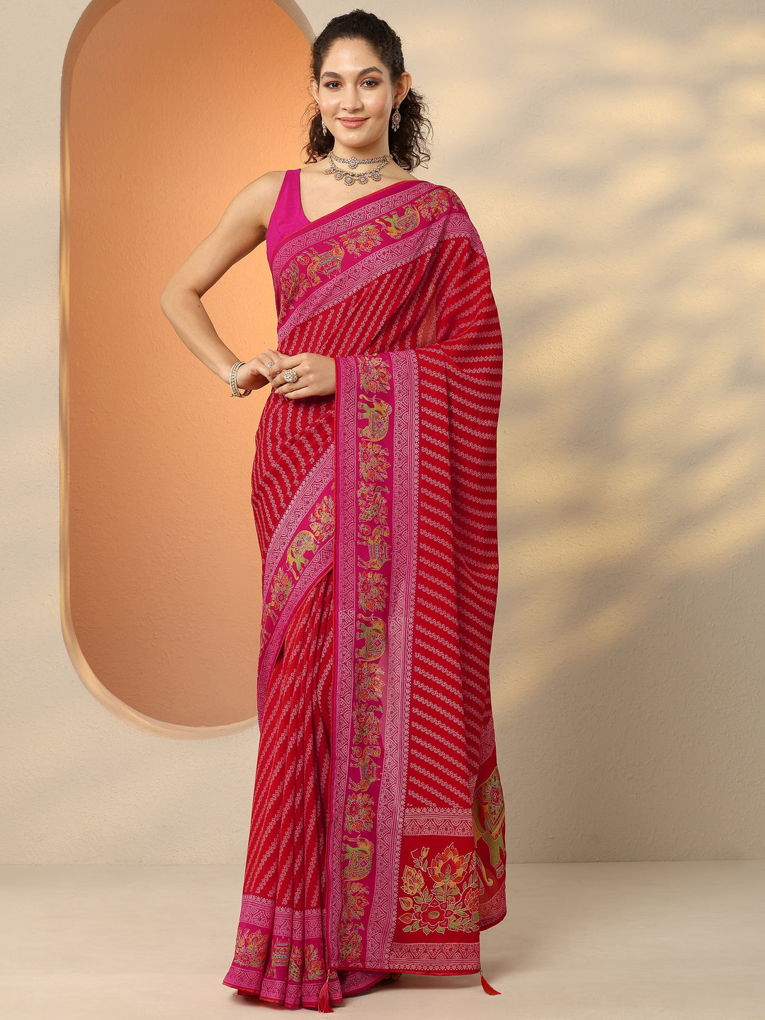  Red Printed Georgette Saree With Unstitched Blouse Piece 