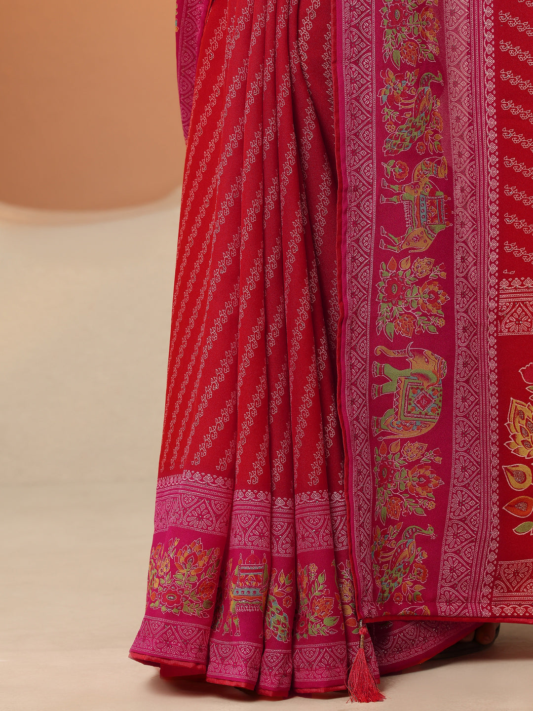  Red Printed Georgette Saree With Unstitched Blouse Piece 